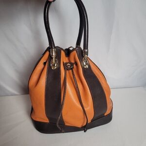 Valentina Orange Brown Genuine Leather Bucket Shoulder Bag Italy